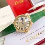 Replica Cartier Ballon Bleu de 36mm Watches Gold Diamond Green Leather Band